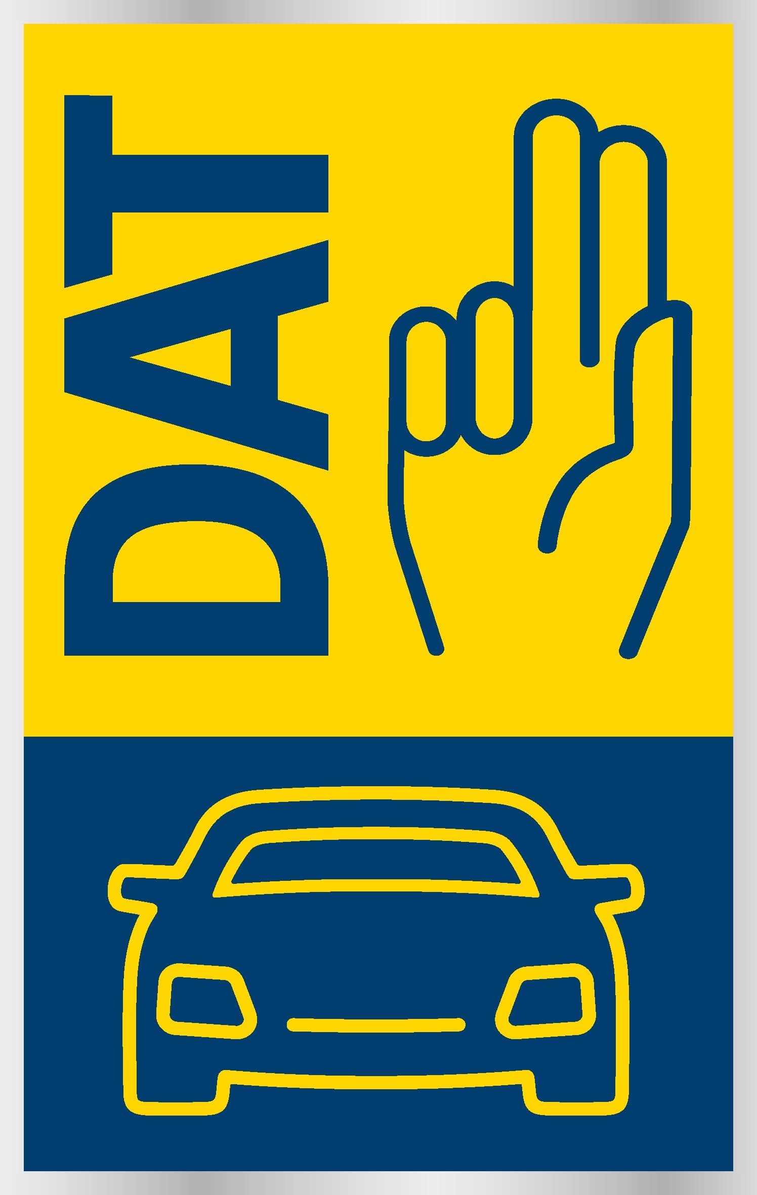 Gelbe Tafel mit blauem „DAT“-Logo und Hand, die zwei Finger hochhält, darunter ein blaues Auto-Symbol.