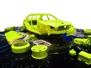 Gelb hervorgehobenes 3D-Fahrzeugmodell mit einzelnen Bauteilen.