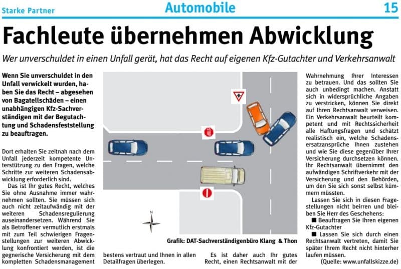 Zeitungsartikel „Fachleute übernehmen Abwicklung“ über die Unfallabwicklung mit unabhängigem Kfz-Gutachter und Verkehrsanwalt.