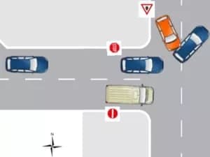 Unfallskizze einer Kreuzung mit mehreren Fahrzeugen und Verkehrszeichen.