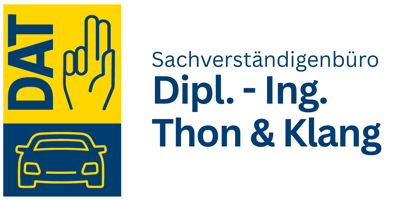 Logo DAT Sachverständigenbüro Dipl.-Ing. Thon & Klang mit gelbem Feld, blauer Hand und Auto.