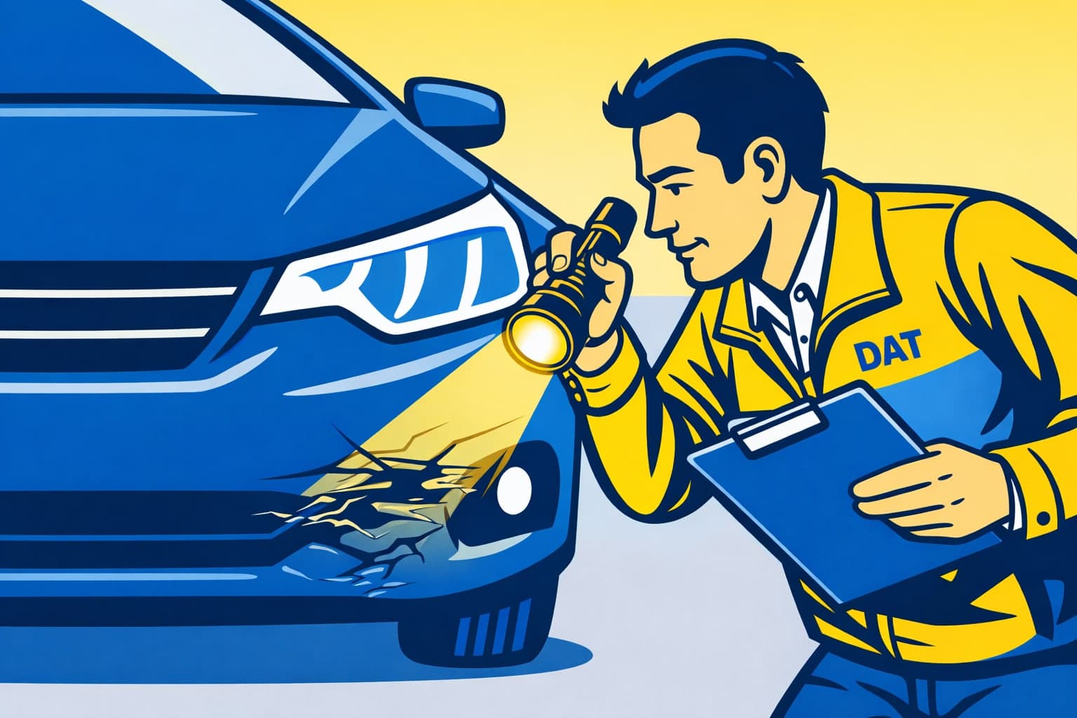Ein Mann im DAT-Overall leuchtet mit einer Taschenlampe auf eine Beschädigung an der Stoßstange eines blauen Autos.